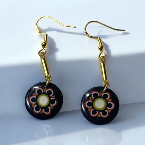 Handmade Ceramic & Enamel Floral Dangle Earrings Black Red White Gold 925 Hooks - Picture 1 of 7